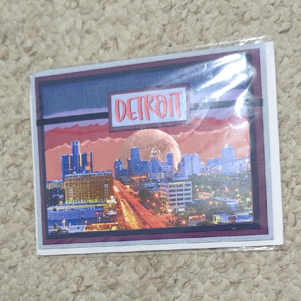 Detroit City Skyline Postcard - Blue, Coral, Gold Accent